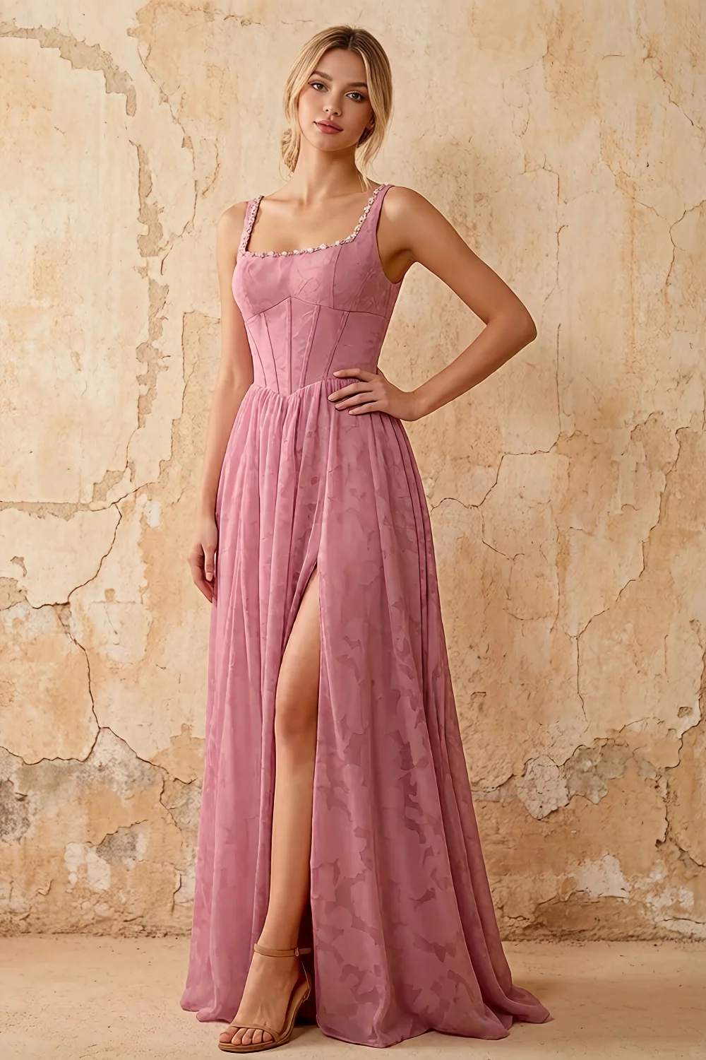 Kimberly Dusty Pink Jacquard Pearl Square Neck Maxi Dress