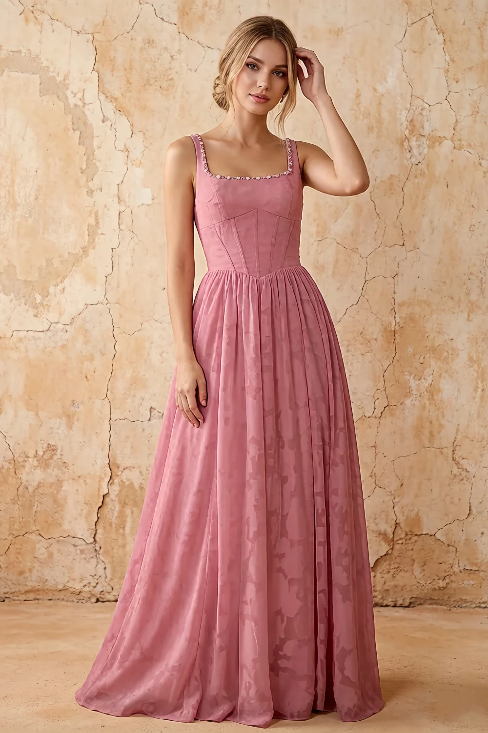 Kimberly Dusty Pink Jacquard Pearl Square Neck Maxi Dress