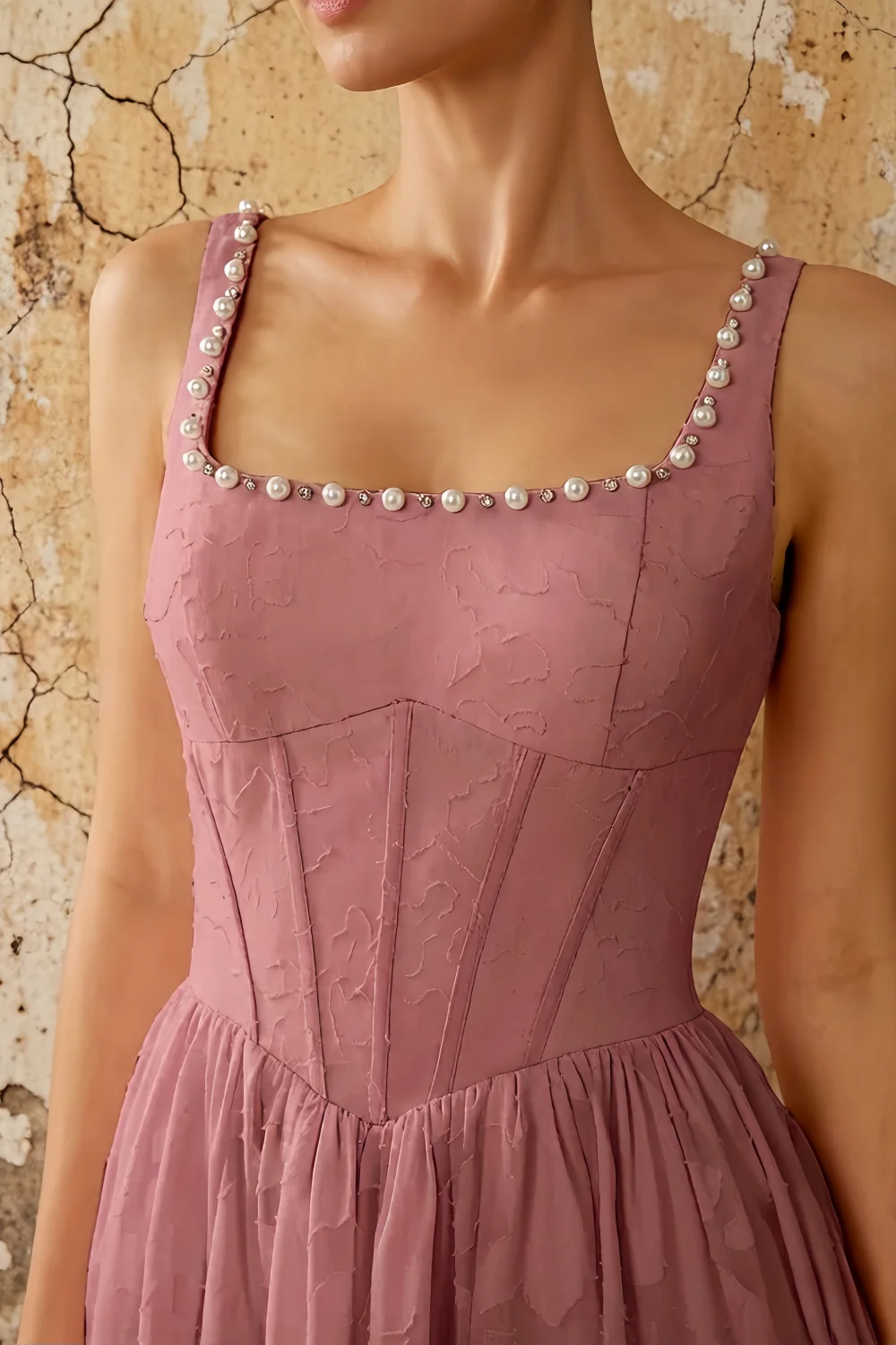 Kimberly Dusty Pink Jacquard Pearl Square Neck Maxi Dress