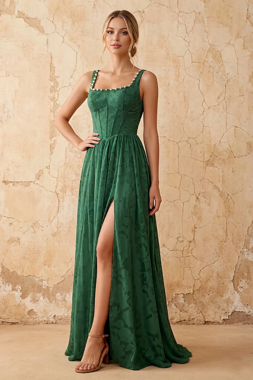 Kimberly Emerald Green Jacquard Pearl Square Neck Maxi Dress Main image