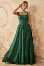 Kimberly Emerald Green Jacquard Pearl Square Neck Maxi Dress