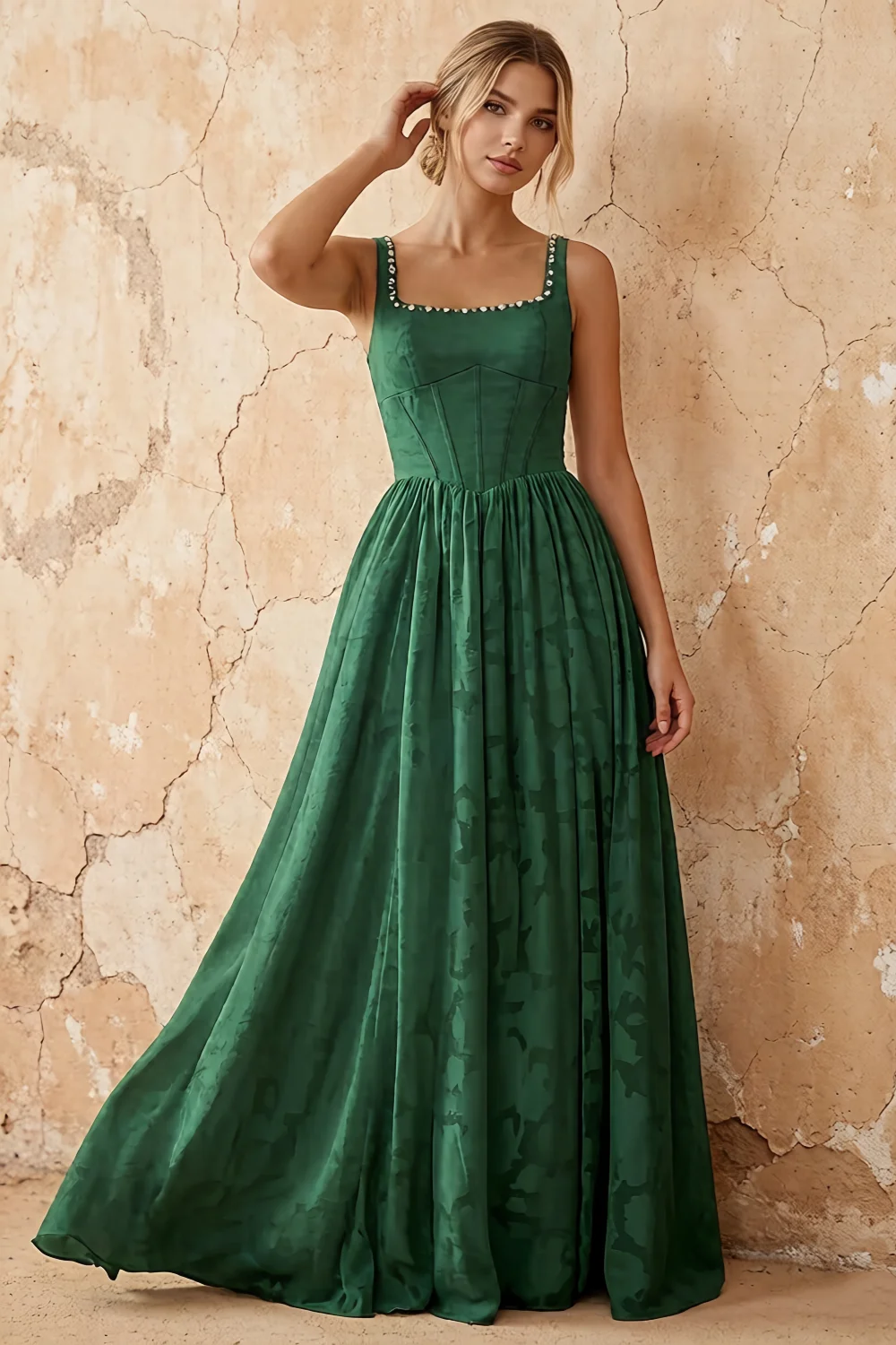 Kimberly Emerald Green Jacquard Pearl Square Neck Maxi Dress
