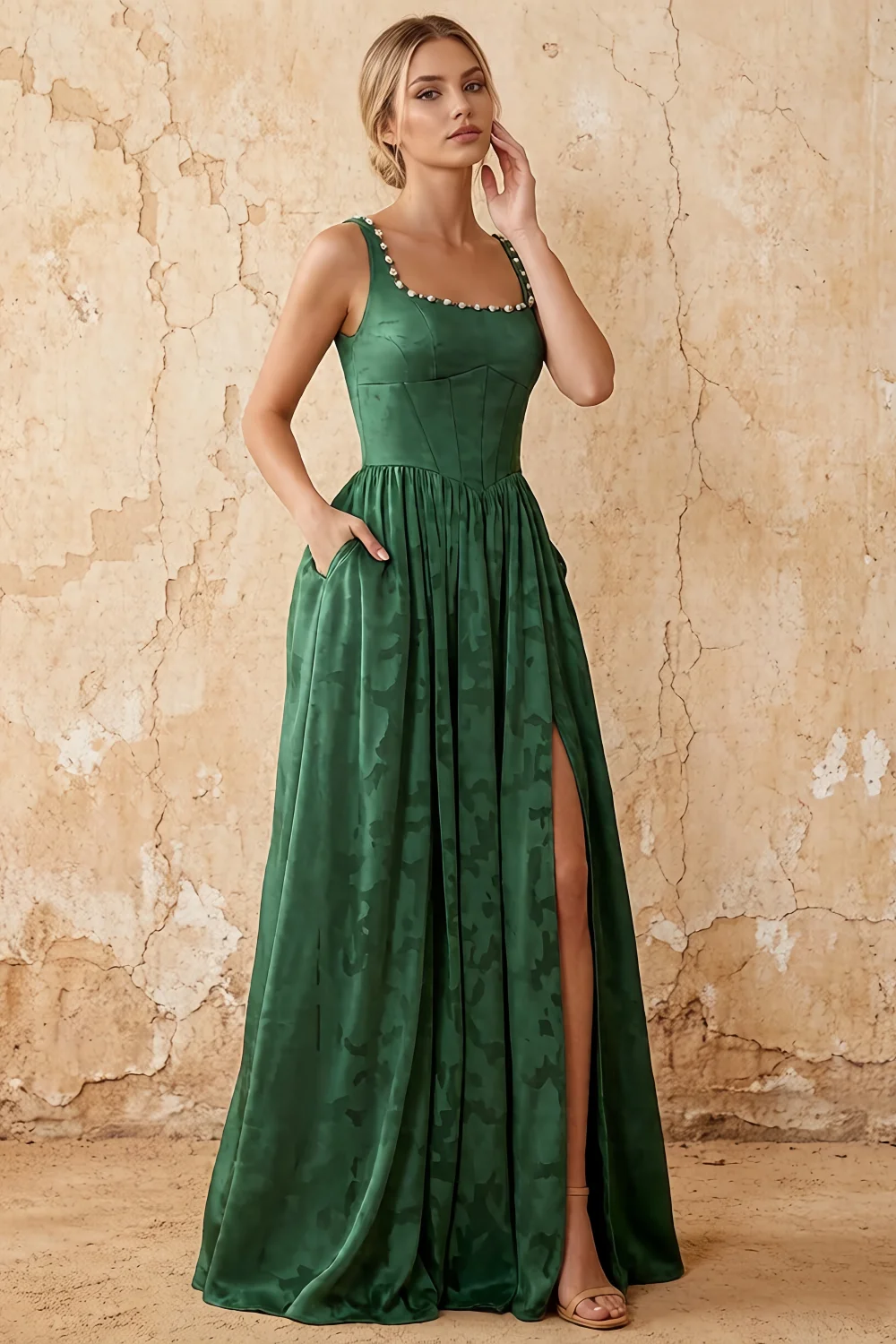 Kimberly Emerald Green Jacquard Pearl Square Neck Maxi Dress