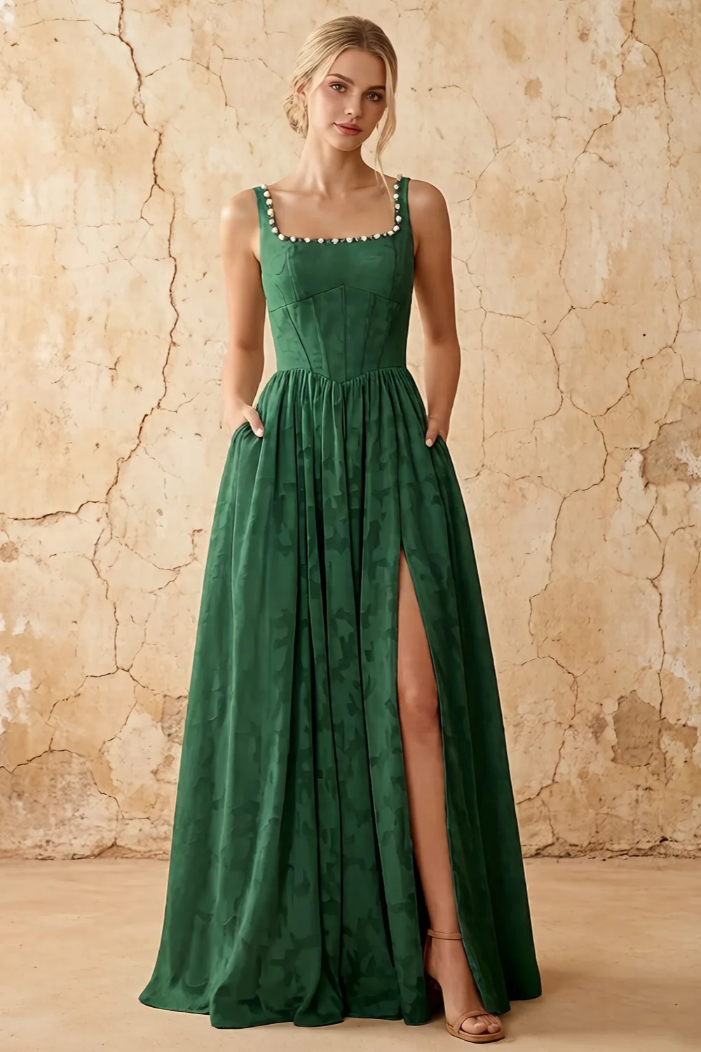 Kimberly Emerald Green Jacquard Pearl Square Neck Maxi Dress