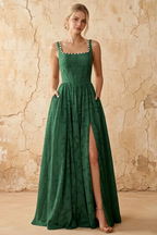 Kimberly Emerald Green Jacquard Pearl Square Neck Maxi Dress