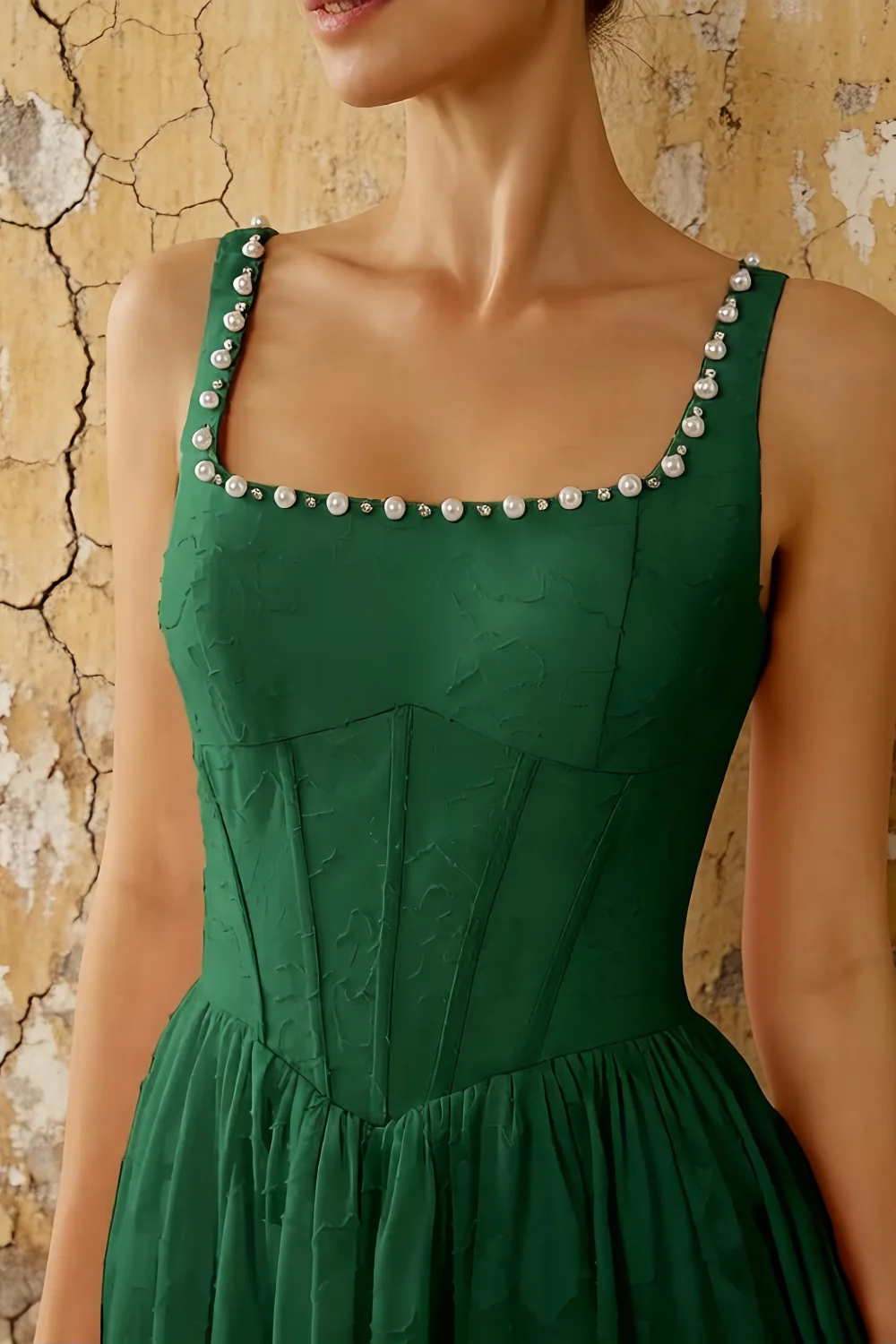 Kimberly Emerald Green Jacquard Pearl Square Neck Maxi Dress