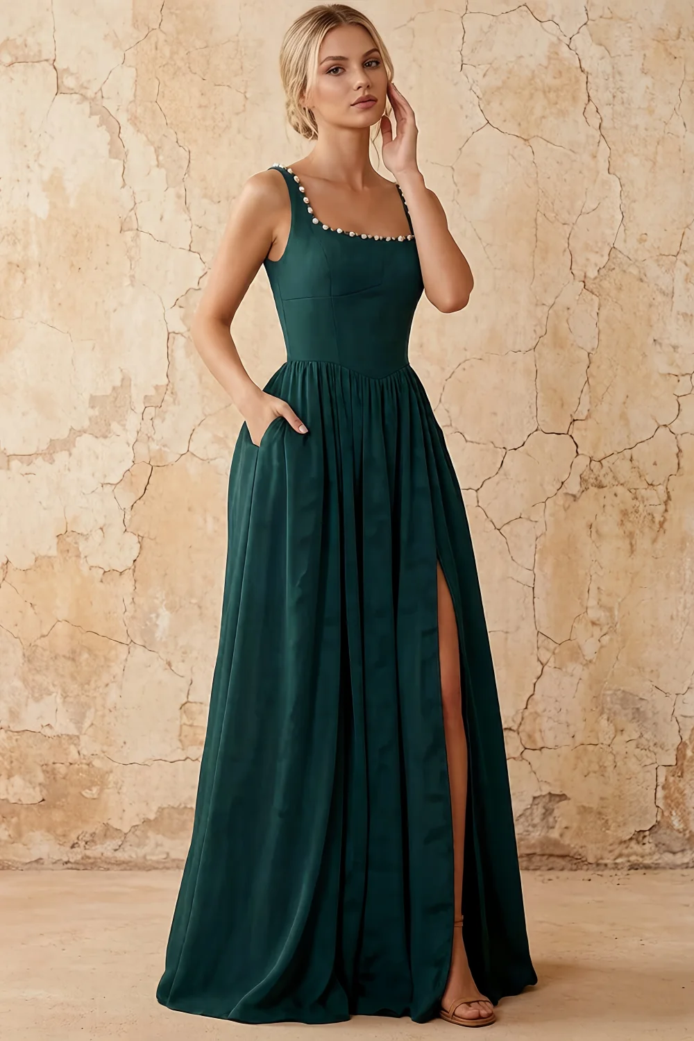 Kimberly Forest Green Jacquard Pearl Square Neck Maxi Dress Main image