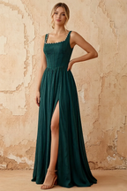 Kimberly Forest Green Jacquard Pearl Square Neck Maxi Dress