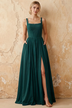 Kimberly Forest Green Jacquard Pearl Square Neck Maxi Dress