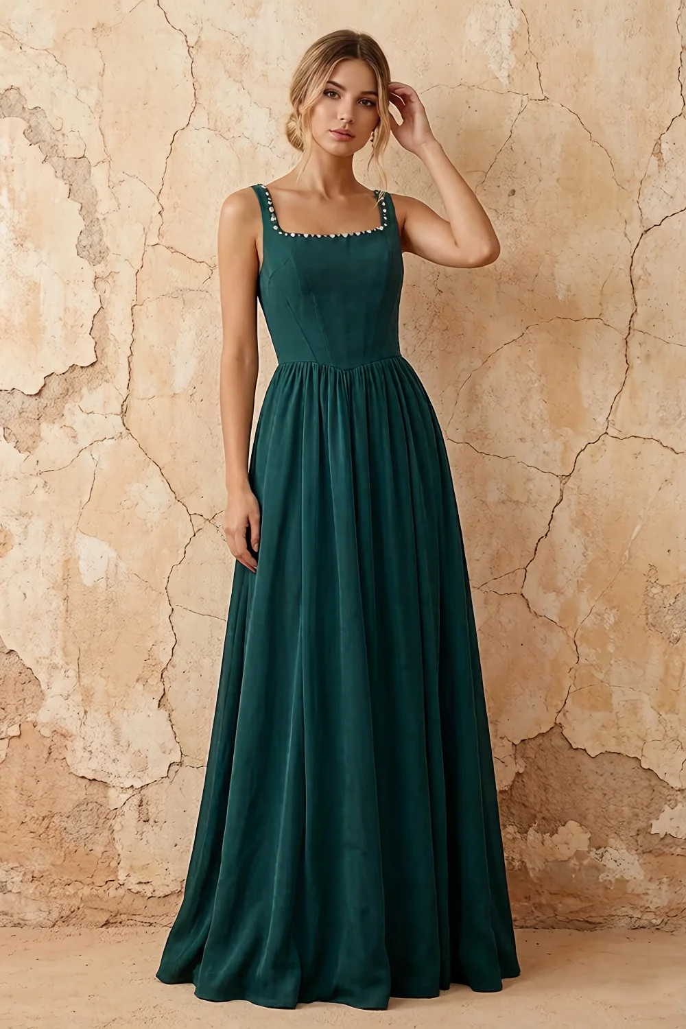 Kimberly Forest Green Jacquard Pearl Square Neck Maxi Dress