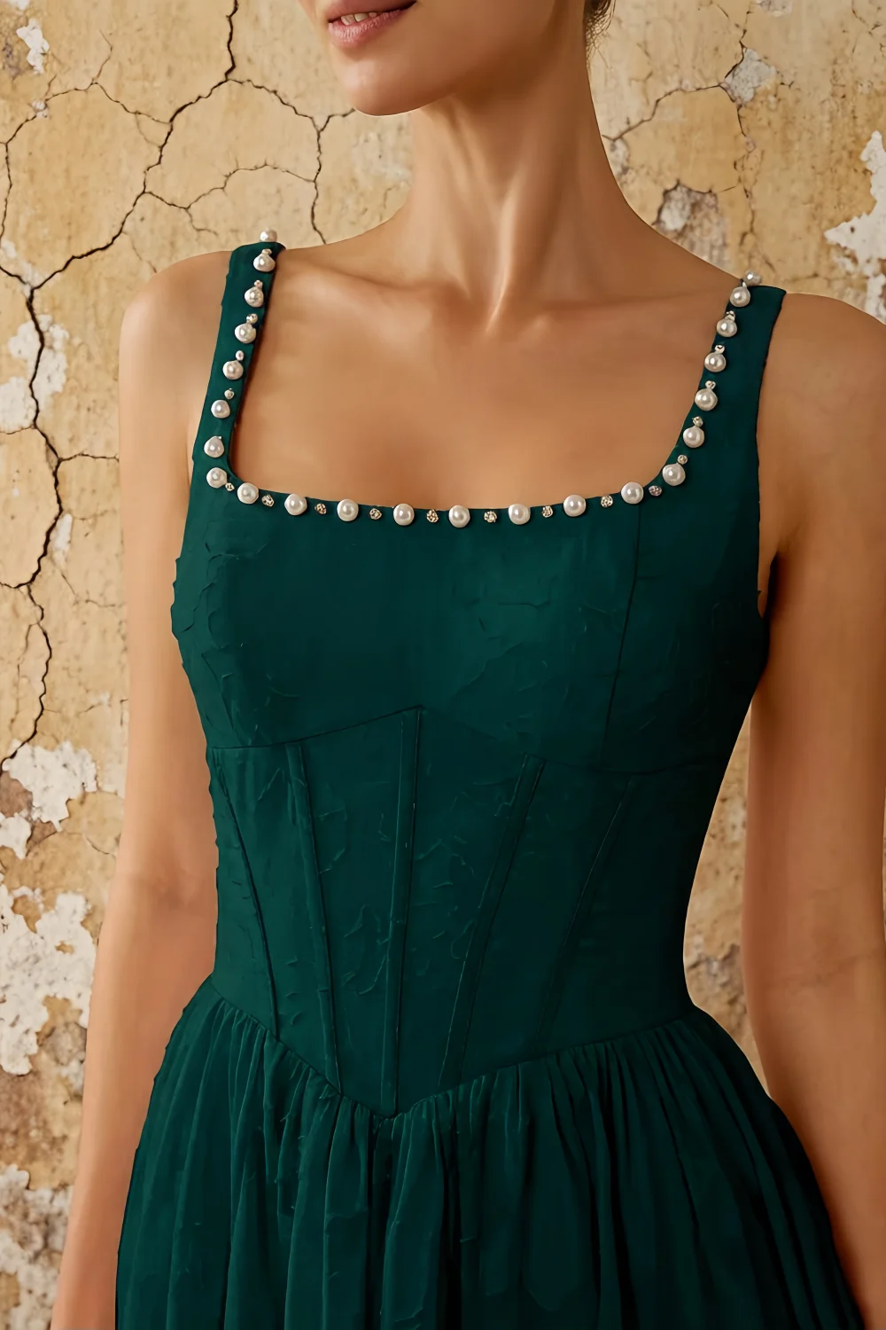 Kimberly Forest Green Jacquard Pearl Square Neck Maxi Dress