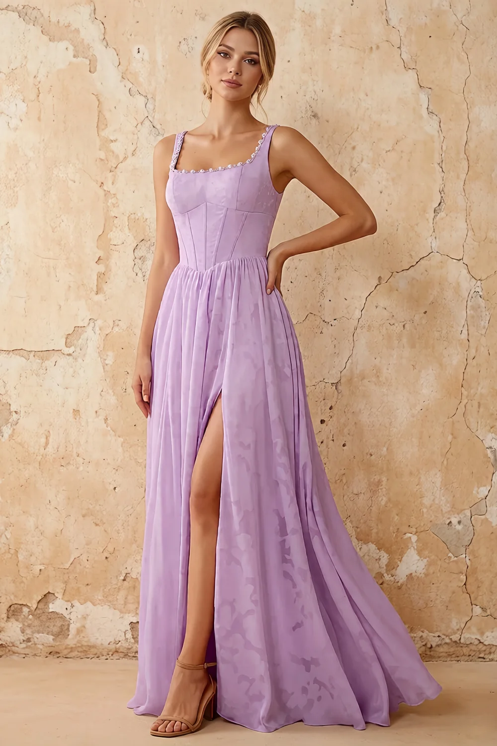 Kimberly Lilac Jacquard Pearl Square Neck Maxi Dress Main image
