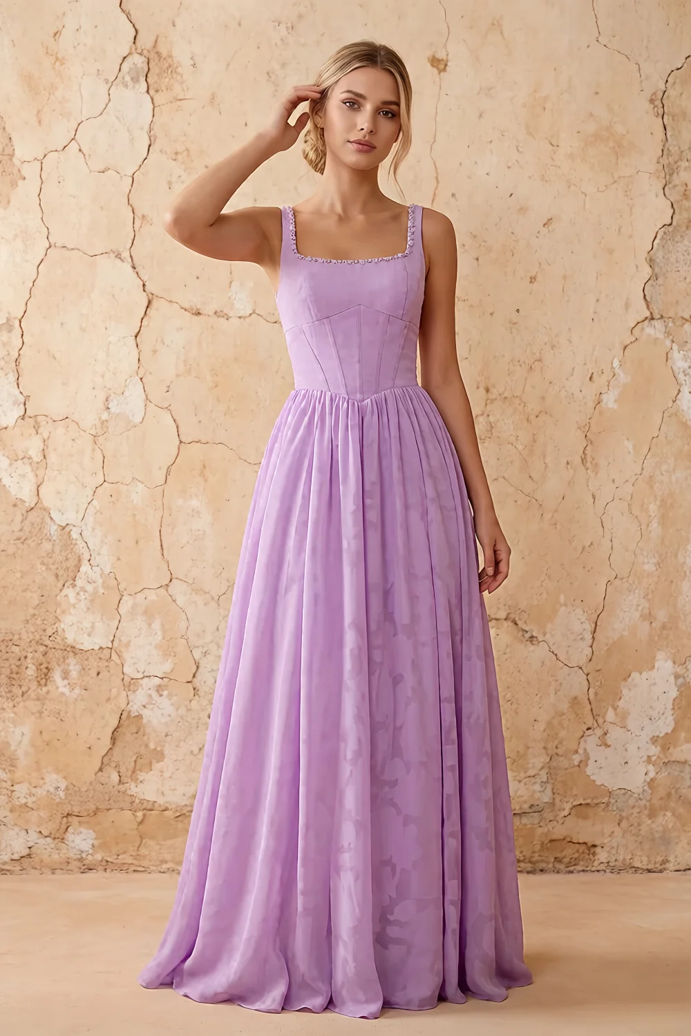 Kimberly Lilac Jacquard Pearl Square Neck Maxi Dress