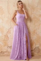 Kimberly Lilac Jacquard Pearl Square Neck Maxi Dress