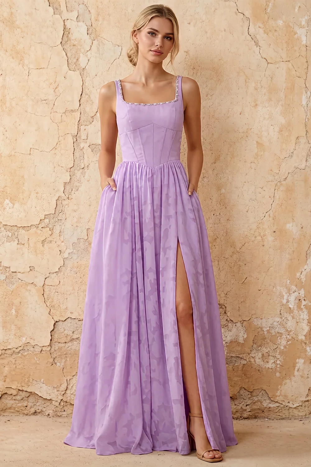 Kimberly Lilac Jacquard Pearl Square Neck Maxi Dress