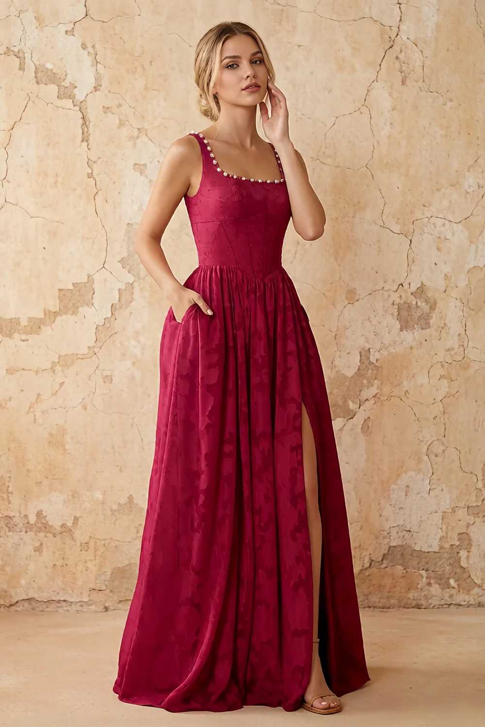 Kimberly Merlot Jacquard Pearl Square Neck Maxi Dress Main image