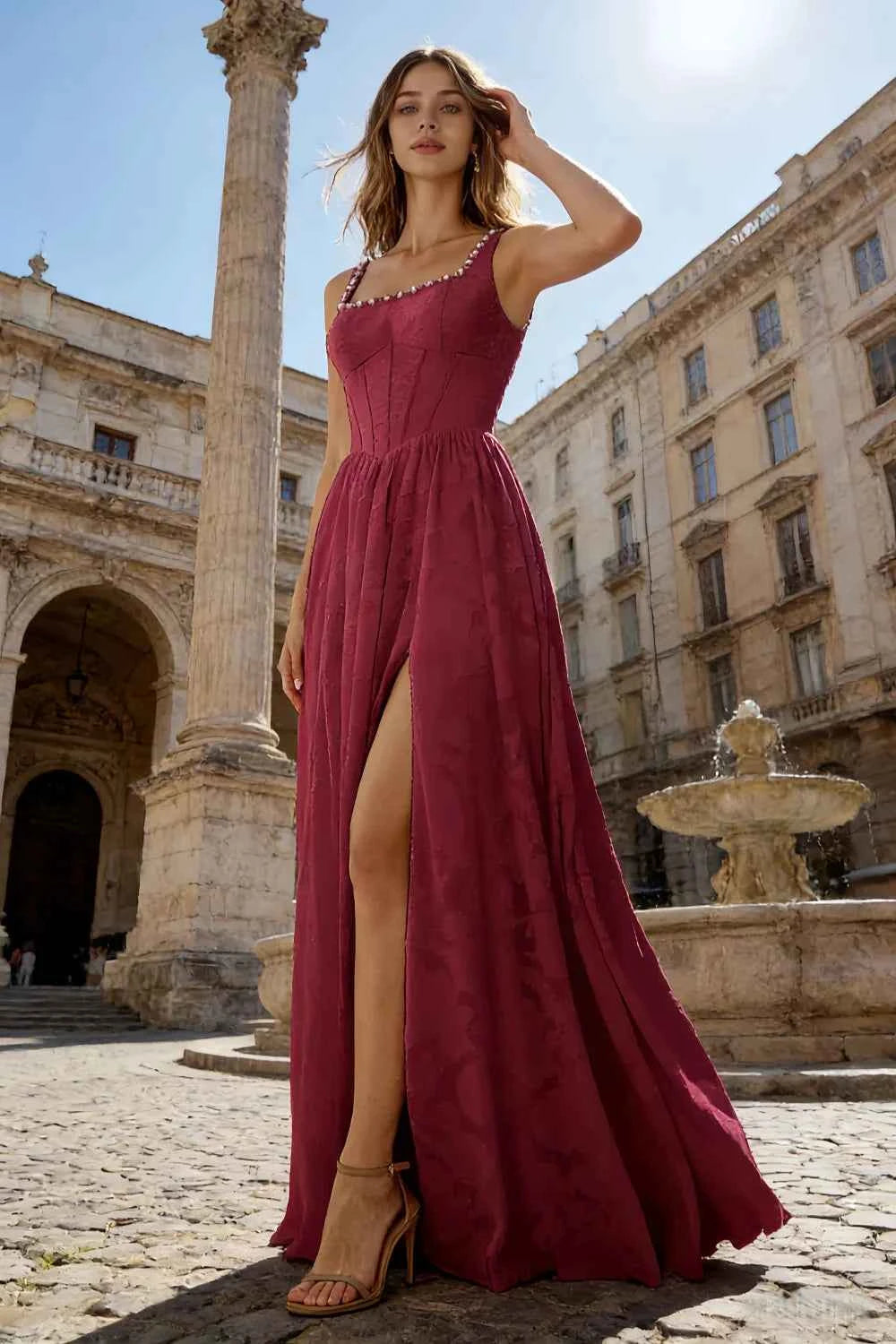 Kimberly Merlot Jacquard Pearl Square Neck Maxi Dress