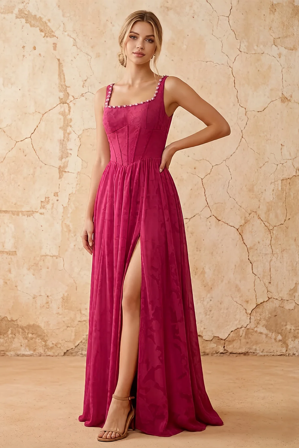 Kimberly Merlot Jacquard Pearl Square Neck Maxi Dress
