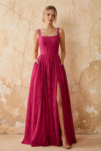 Kimberly Merlot Jacquard Pearl Square Neck Maxi Dress