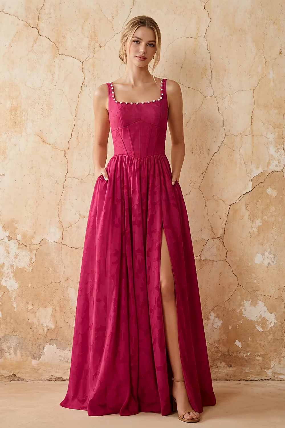Kimberly Merlot Jacquard Pearl Square Neck Maxi Dress