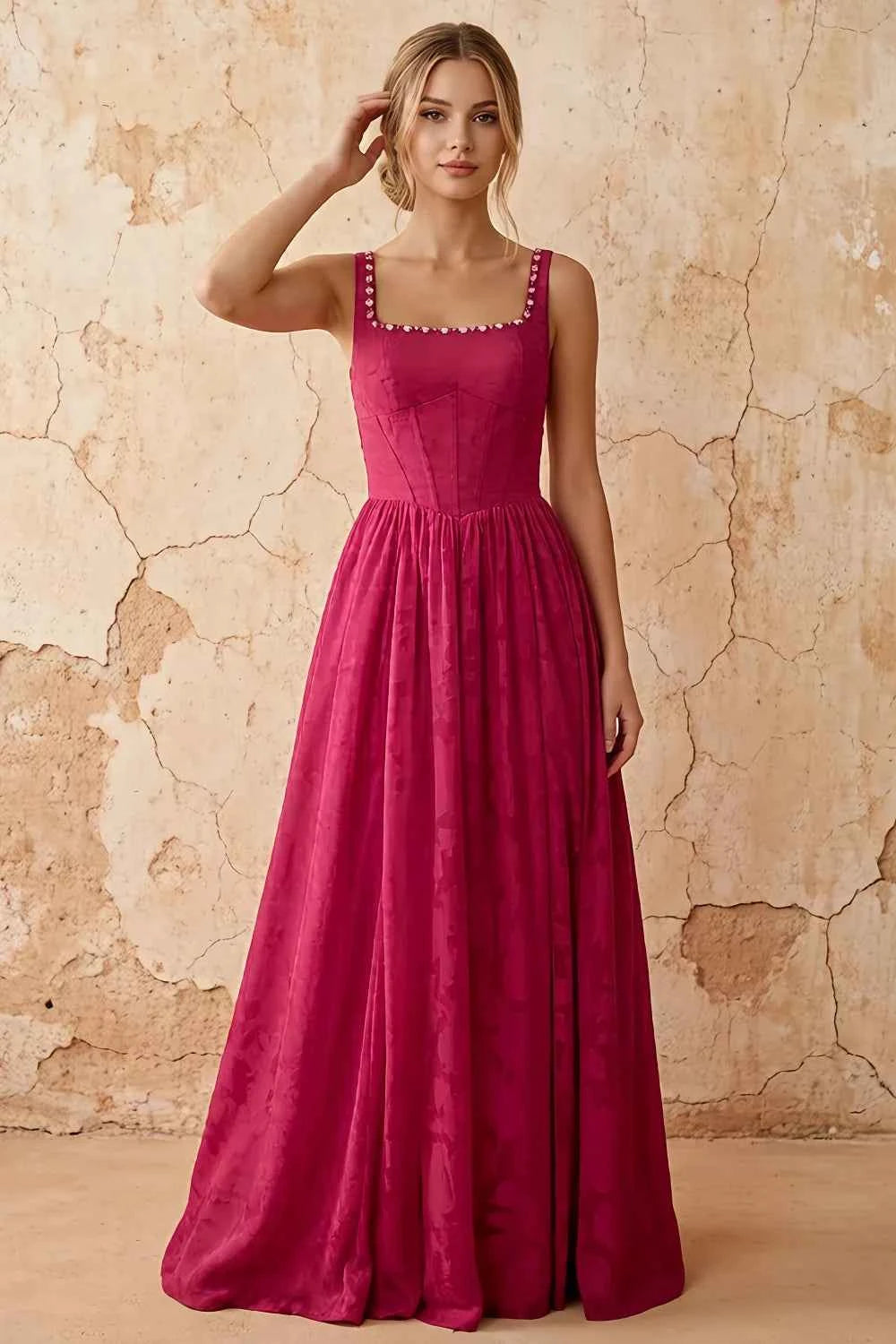 Kimberly Merlot Jacquard Pearl Square Neck Maxi Dress