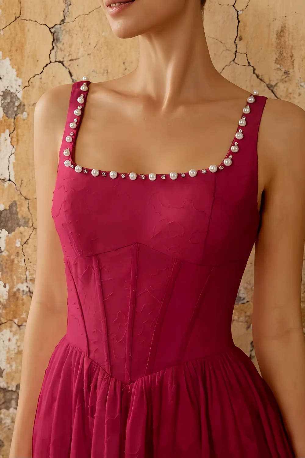 Kimberly Merlot Jacquard Pearl Square Neck Maxi Dress