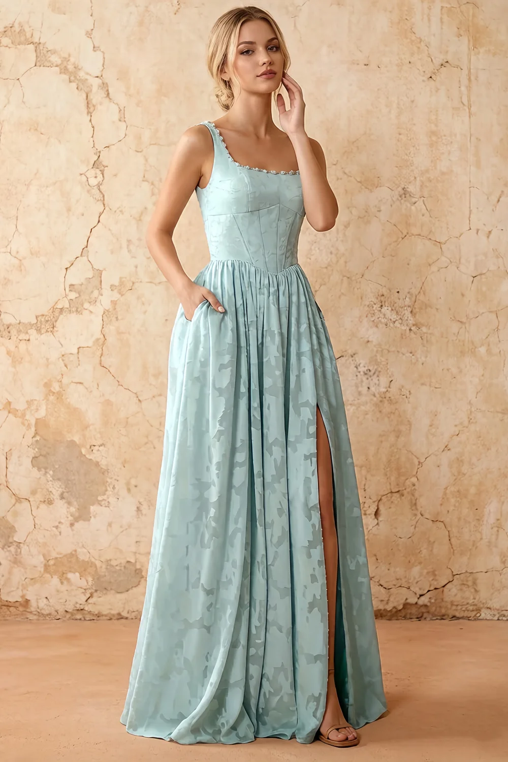 Kimberly Mist Green Jacquard Pearl Square Neck Maxi Dress