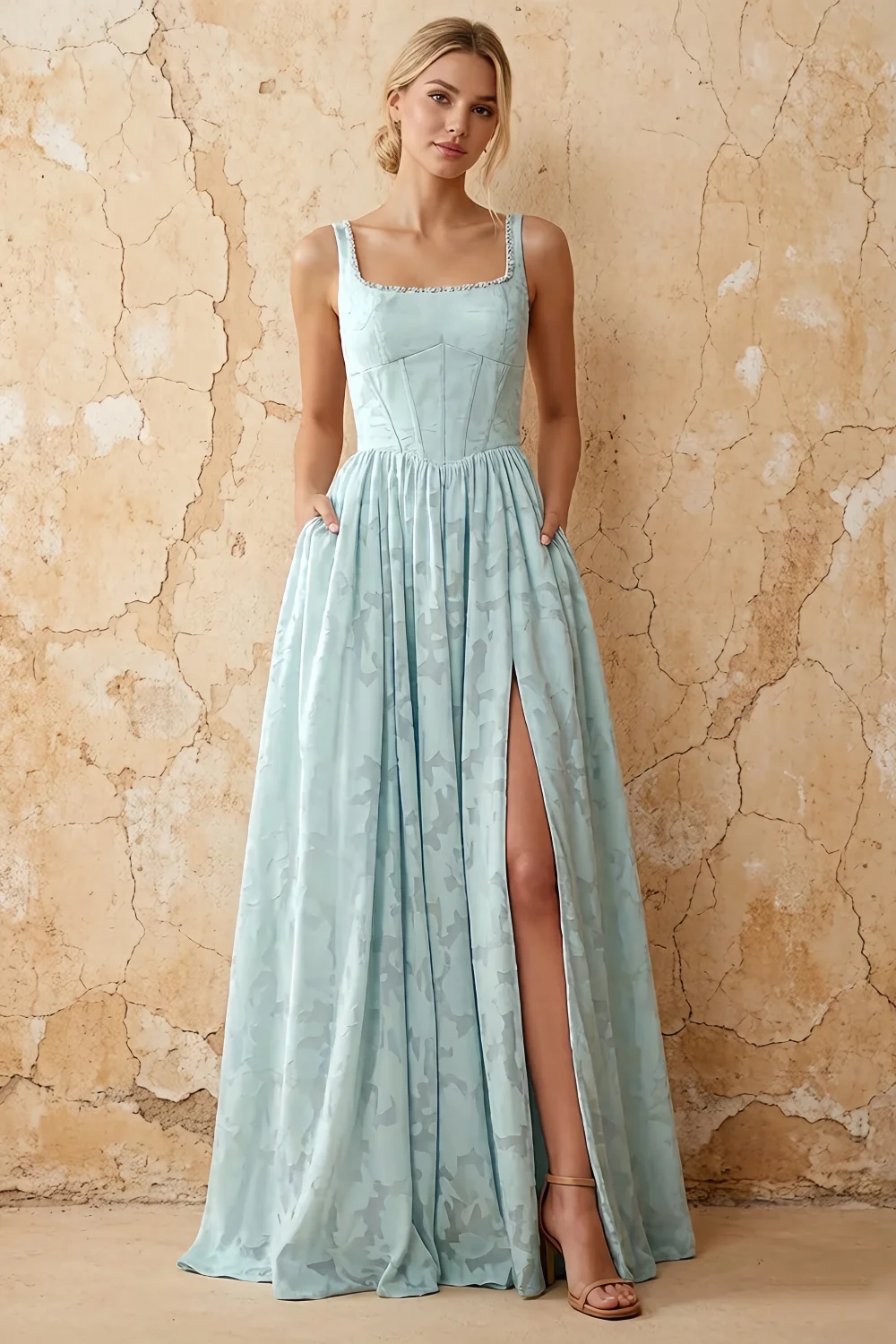 Kimberly Mist Green Jacquard Pearl Square Neck Maxi Dress