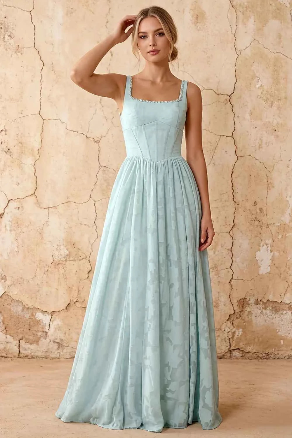 Kimberly Mist Green Jacquard Pearl Square Neck Maxi Dress