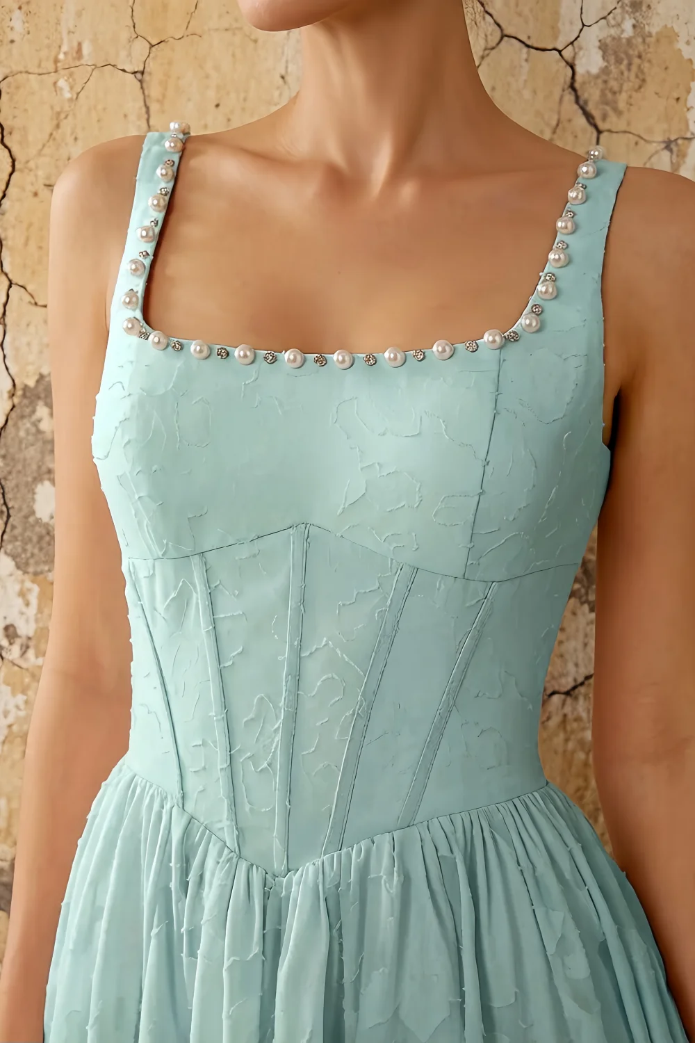 Kimberly Mist Green Jacquard Pearl Square Neck Maxi Dress