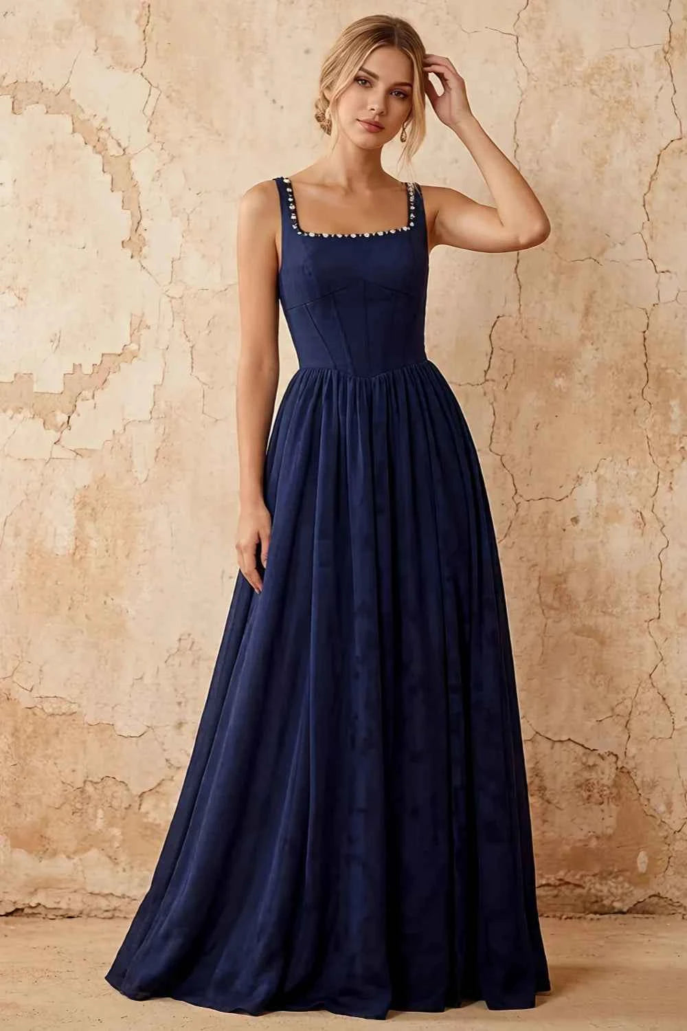 Kimberly Navy Blue Jacquard Pearl Square Neck Maxi Dress Imagen principal del producto