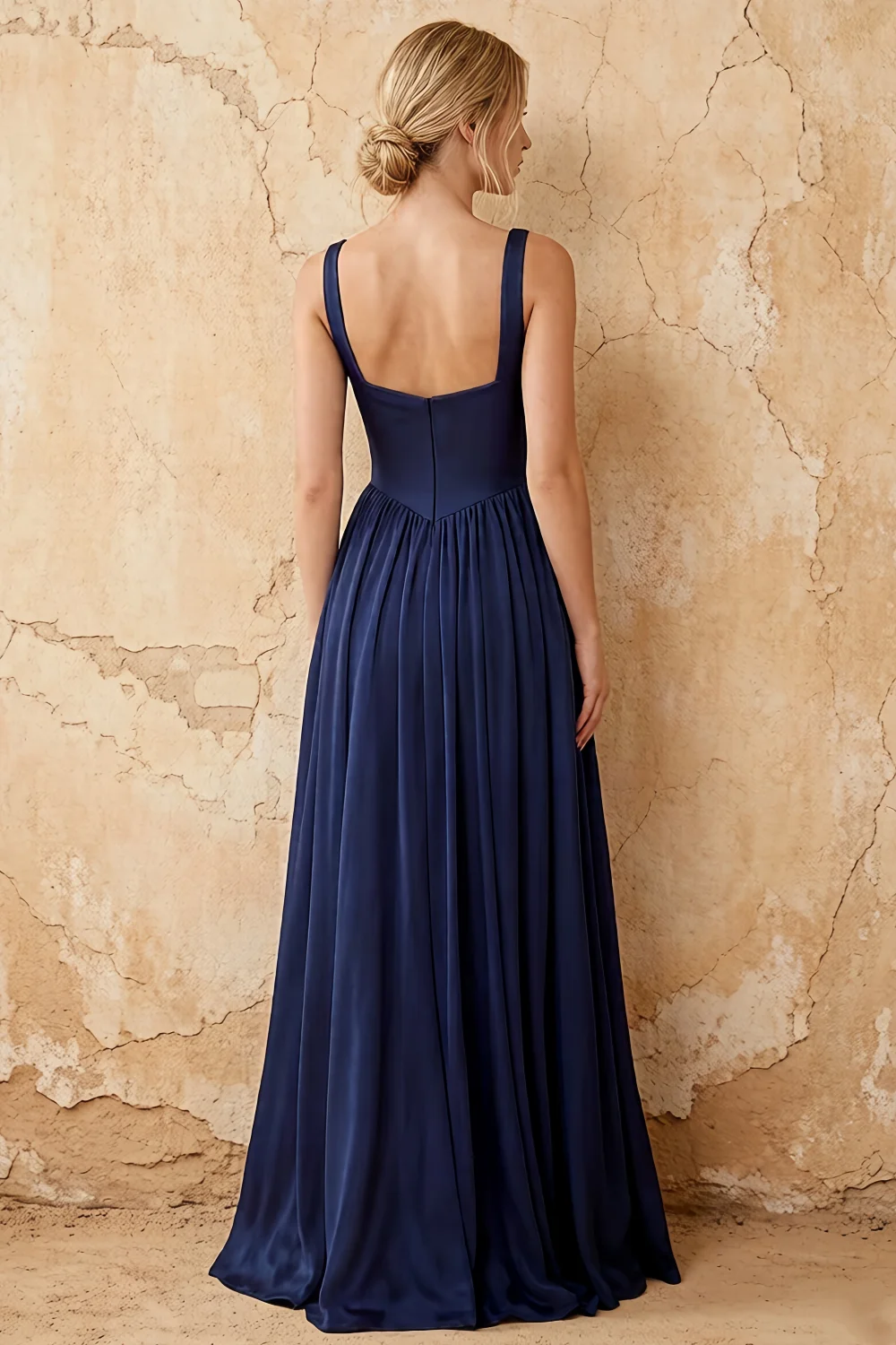 Kimberly Navy Blue Jacquard Pearl Square Neck Maxi Dress