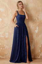 Kimberly Navy Blue Jacquard Pearl Square Neck Maxi Dress