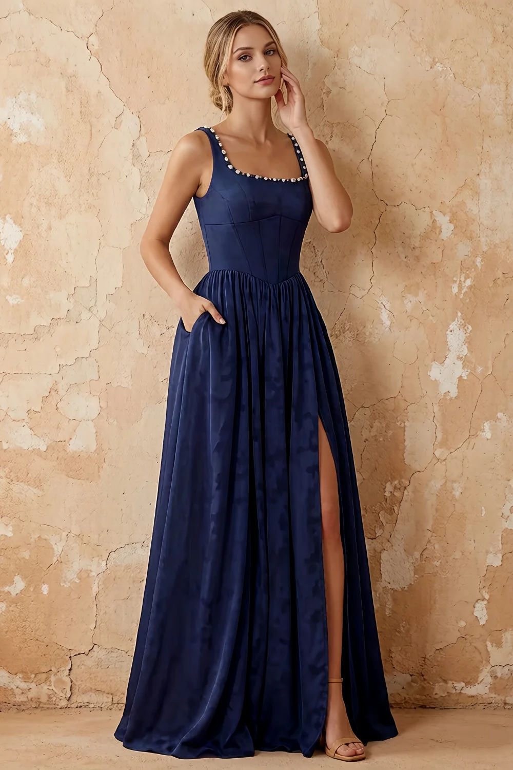 Kimberly Navy Blue Jacquard Pearl Square Neck Maxi Dress