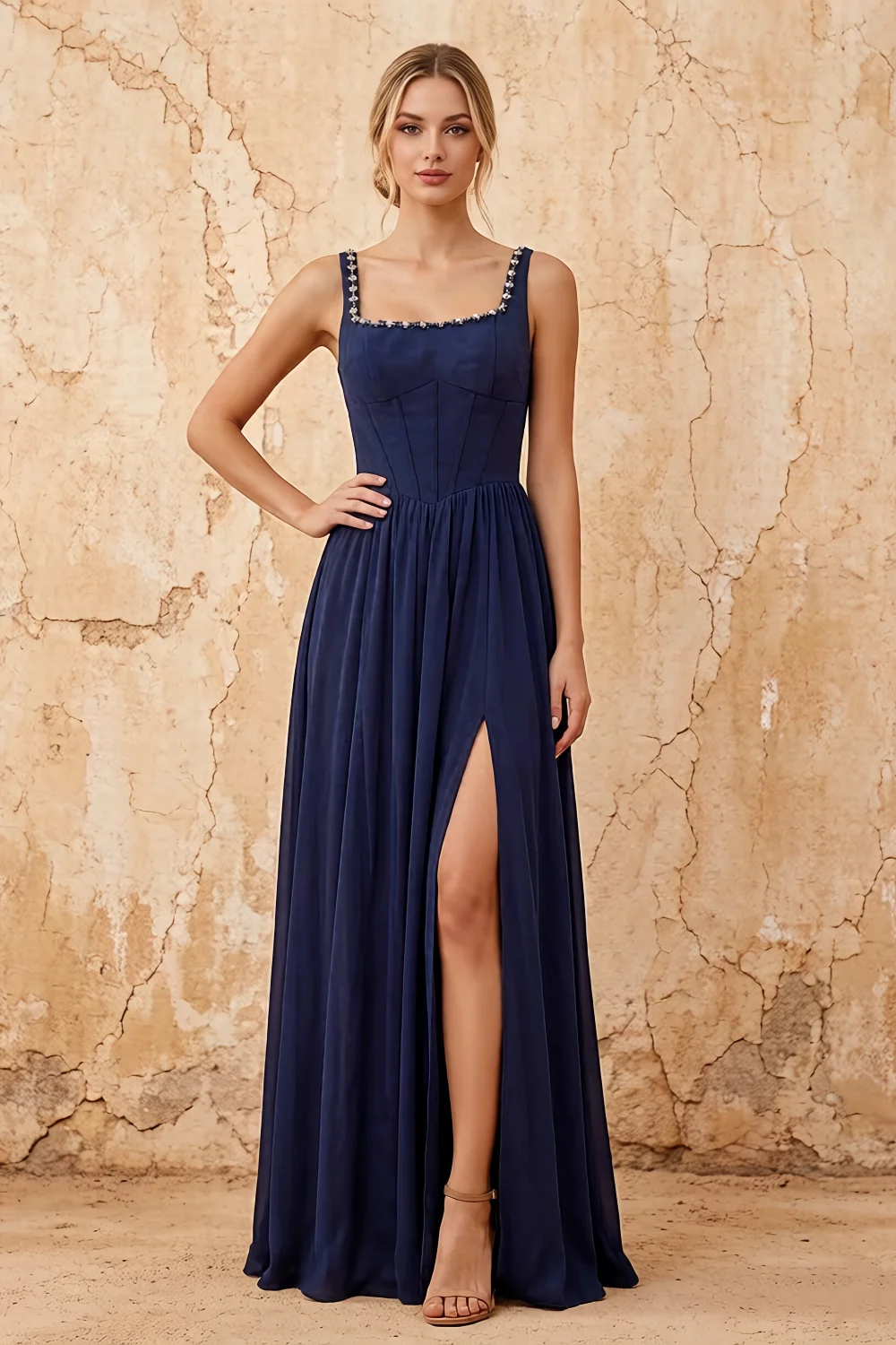 Kimberly Navy Blue Jacquard Pearl Square Neck Maxi Dress