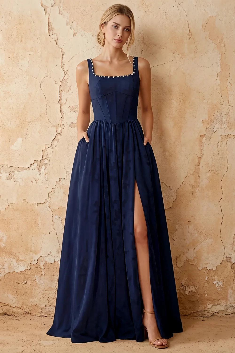Kimberly Navy Blue Jacquard Pearl Square Neck Maxi Dress