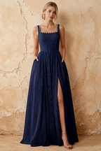 Kimberly Navy Blue Jacquard Pearl Square Neck Maxi Dress