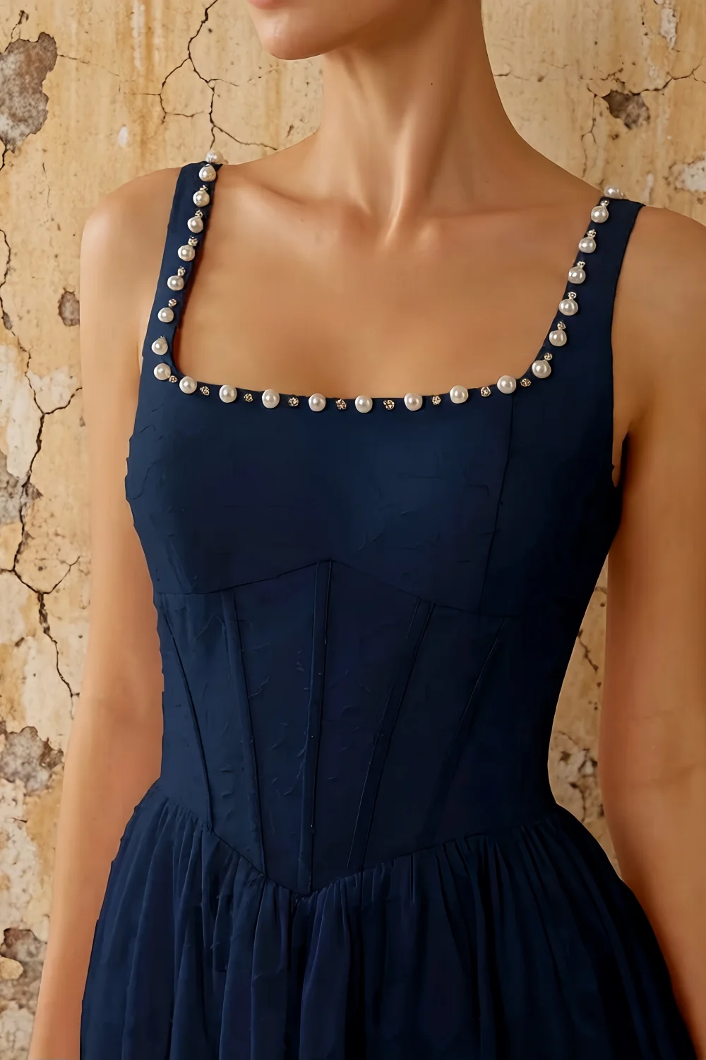 Kimberly Navy Blue Jacquard Pearl Square Neck Maxi Dress
