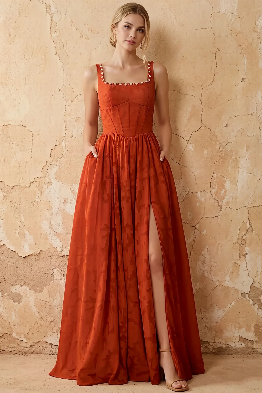 Kimberly Paprika Jacquard Pearl Square Neck Maxi Dress Main image