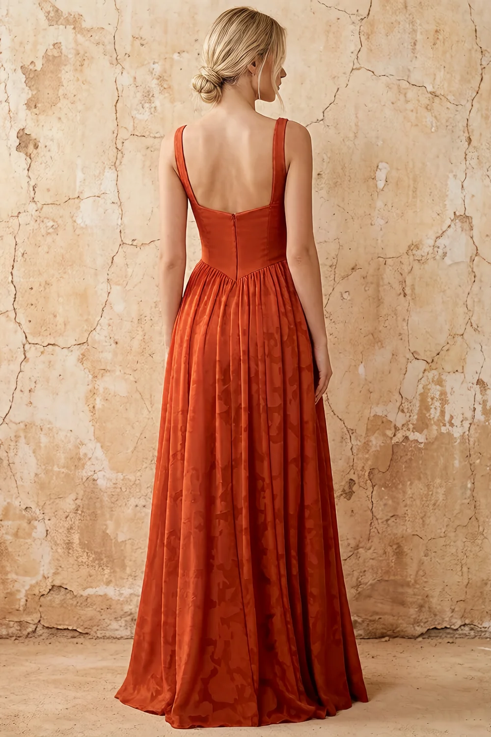 Kimberly Paprika Jacquard Pearl Square Neck Maxi Dress