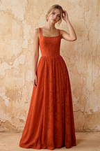 Kimberly Paprika Jacquard Pearl Square Neck Maxi Dress