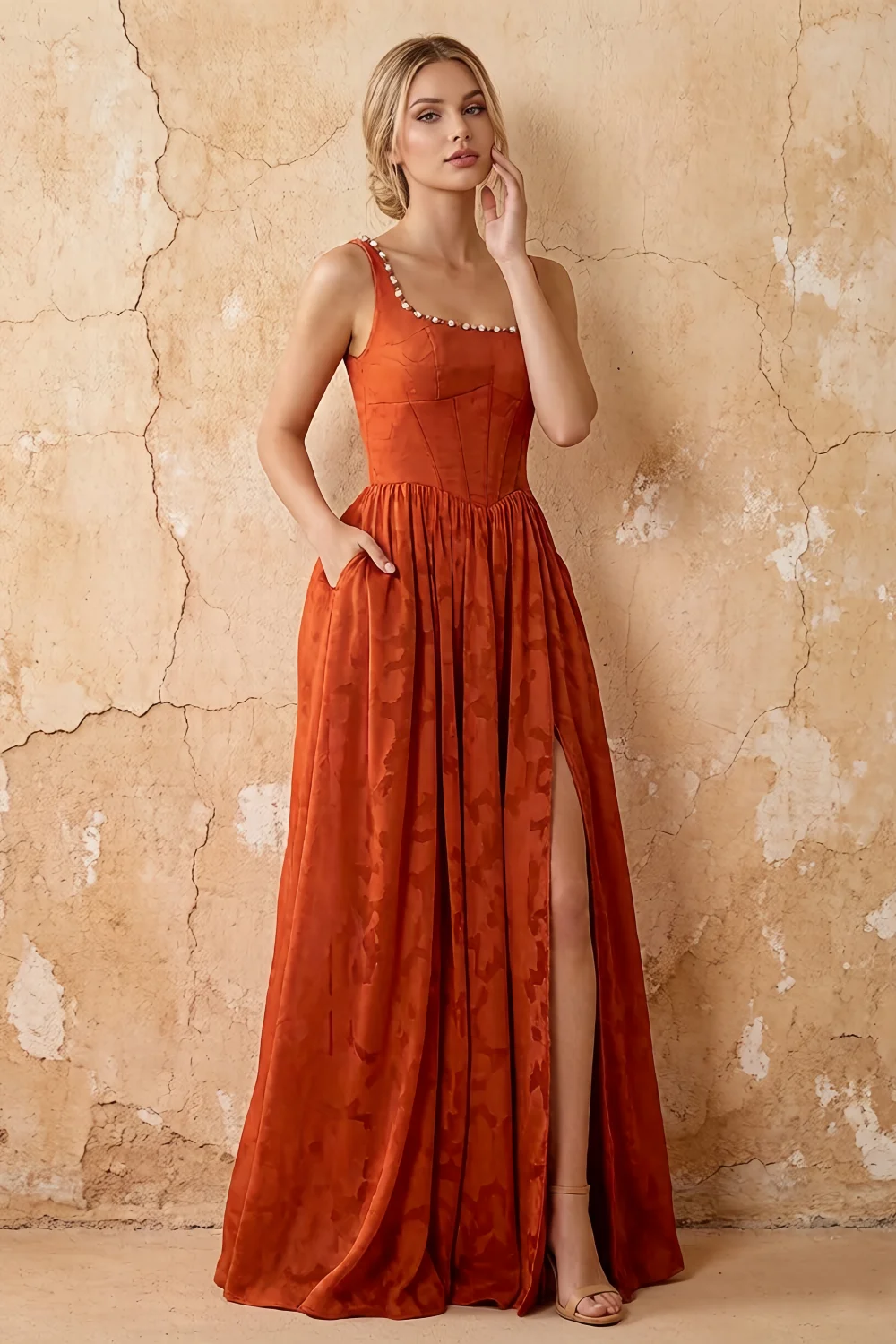 Kimberly Paprika Jacquard Pearl Square Neck Maxi Dress