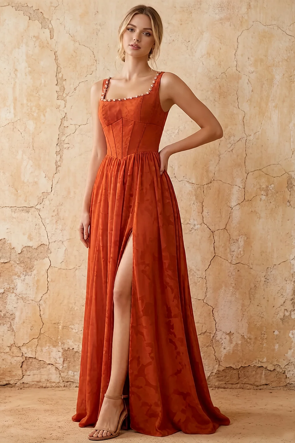 Kimberly Paprika Jacquard Pearl Square Neck Maxi Dress