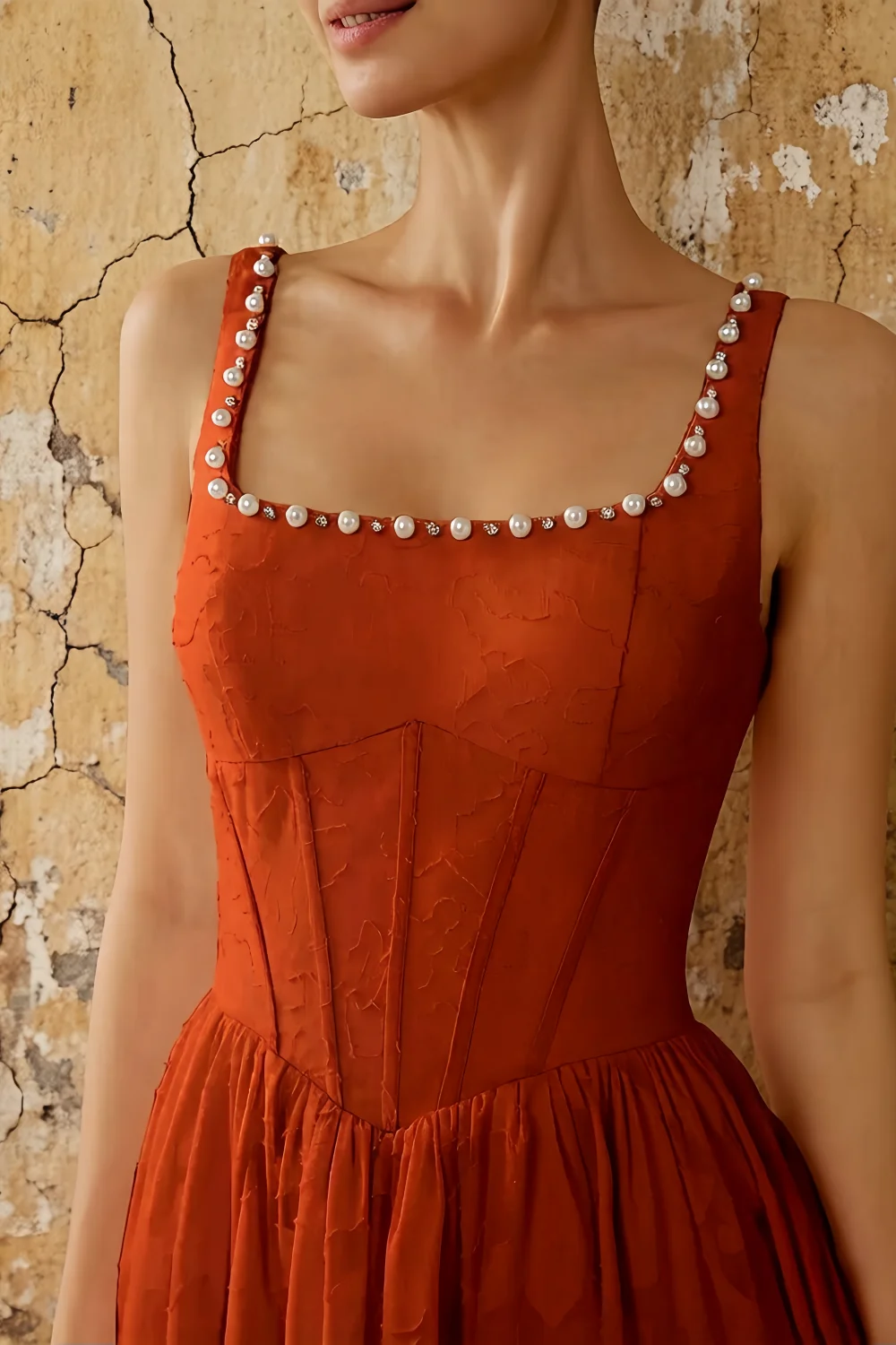 Kimberly Paprika Jacquard Pearl Square Neck Maxi Dress