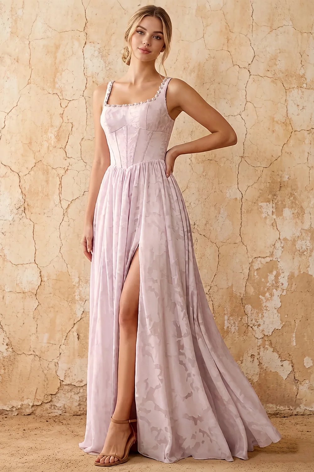 Vestido largo Kimberly rosa jacquard de perlas con cuello cuadrado