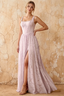 Vestido largo Kimberly rosa jacquard de perlas con cuello cuadrado