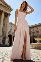 Kimberly Power Pink Jacquard Pearl Square Neck Maxi Dress
