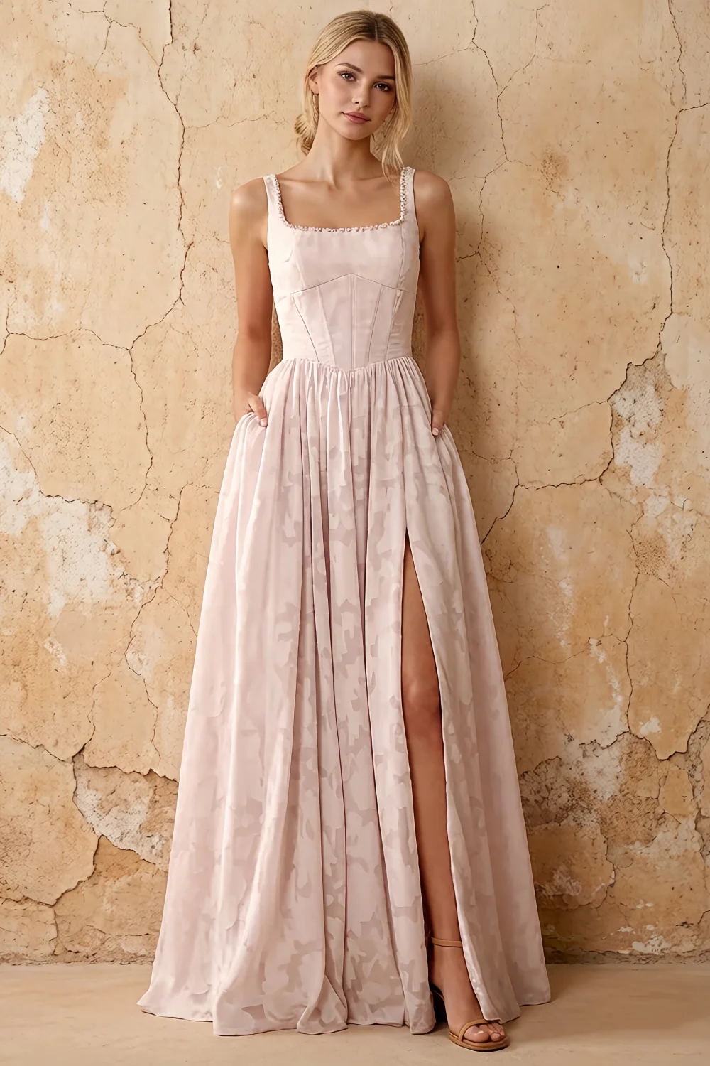 Vestido largo Kimberly rosa jacquard de perlas con cuello cuadrado