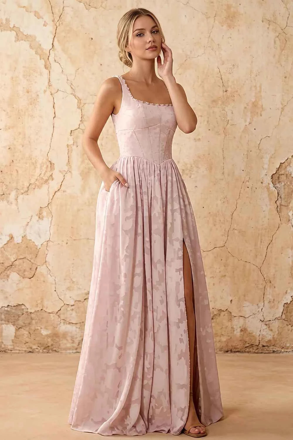 Kimberly Power Pink Jacquard Pearl Square Neck Maxi Dress