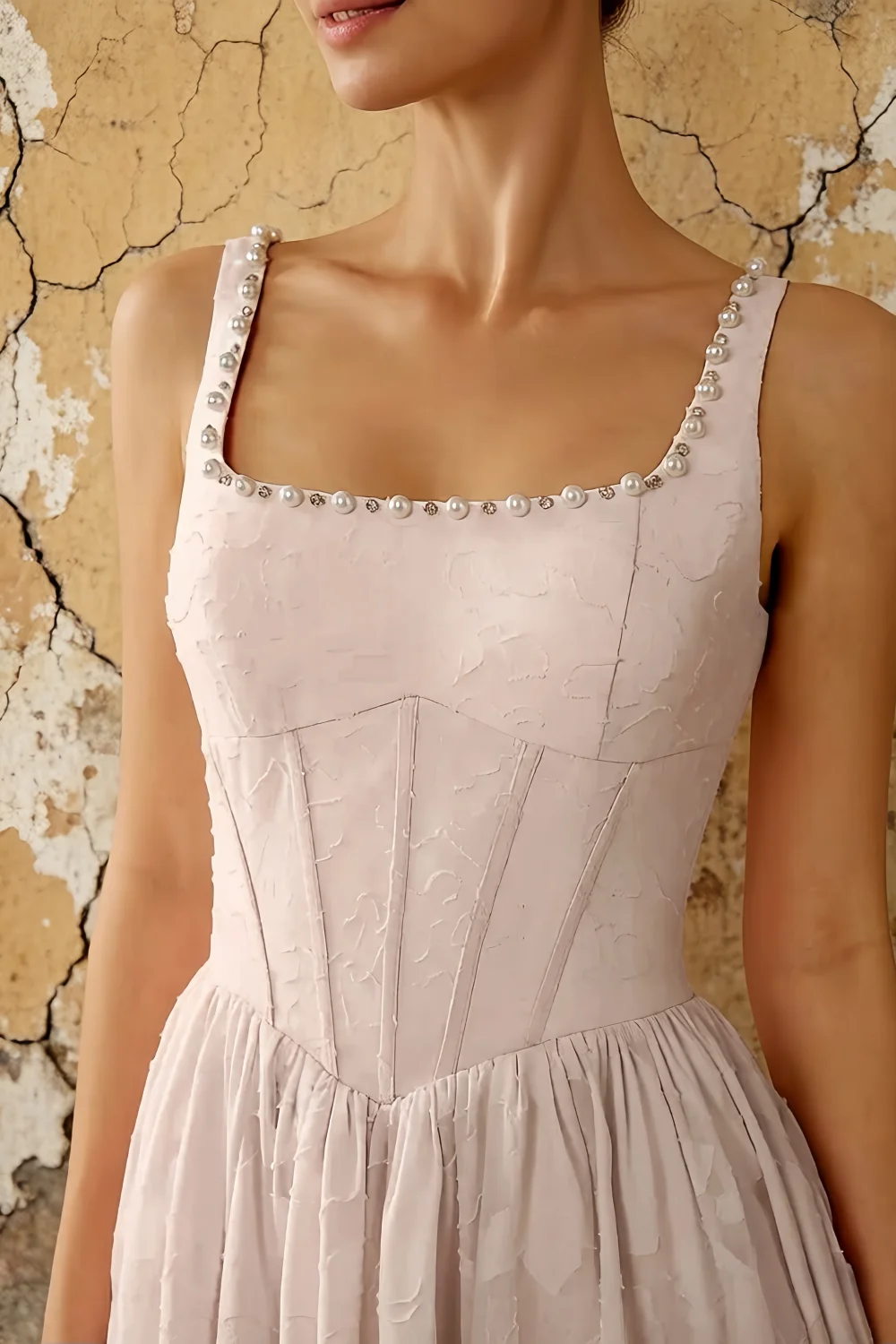Vestido largo Kimberly rosa jacquard de perlas con cuello cuadrado